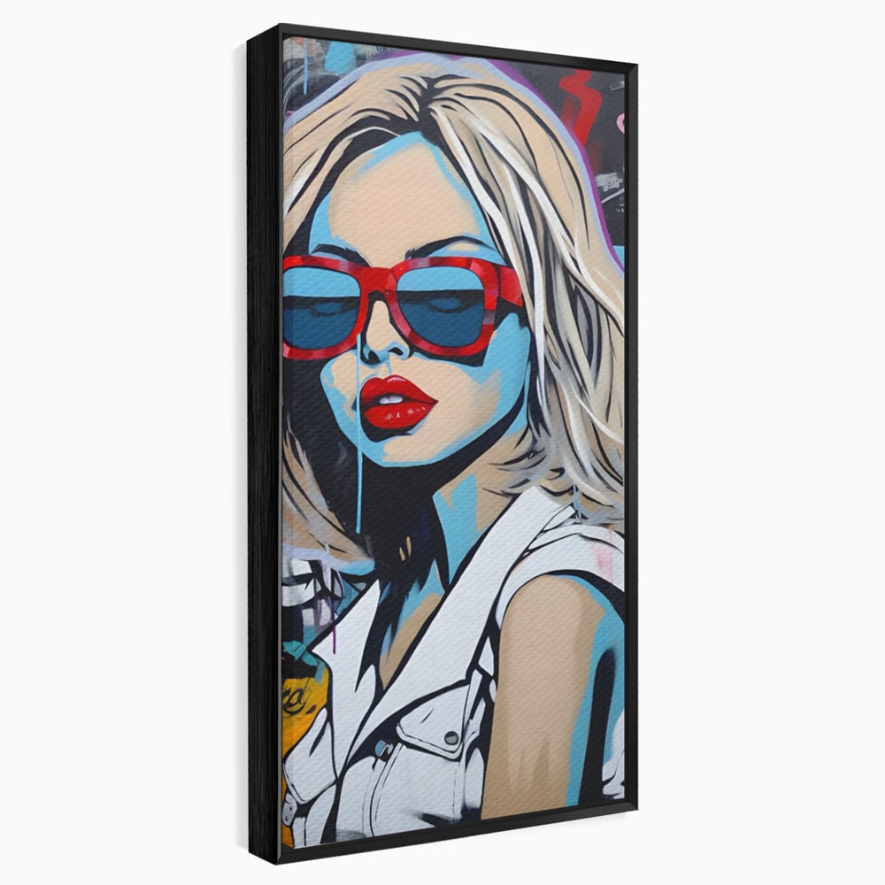 Tablou canvas cu tablou canvas portret pop art femeie cu ochelari, in rama de aluminiu negru